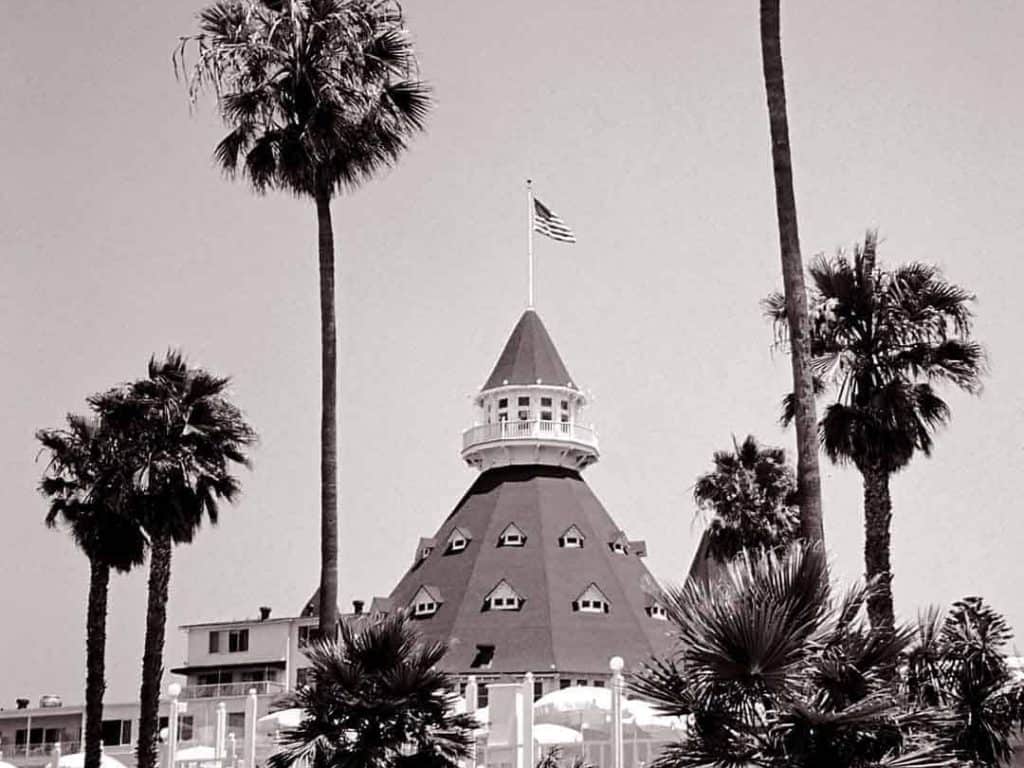 The historic beachfront Hotel Del Coronado sits on the shores of the Pacific Ocean