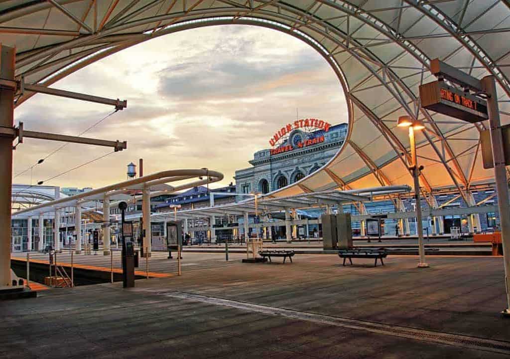 Denver's Union Station platform in the early morning light.