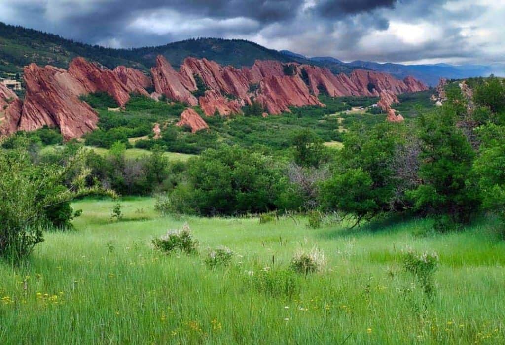 Known for its striking red sandstone rock formations, Roxborough State Park near Denver Colorado has no shortage of great views. Frequent spring and summer rainstorms have kept everything bright green, as well as making for interesting landscape photography conditions.