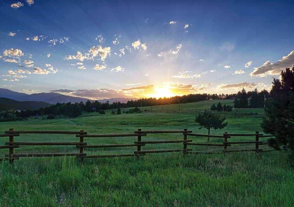 Rays streak the sky over a lush green meadown as the setting sun slips beyond the horizon. This image was captured on a warm summer evening in the foothills of the Rocky Mountains near Genesee, CO.
