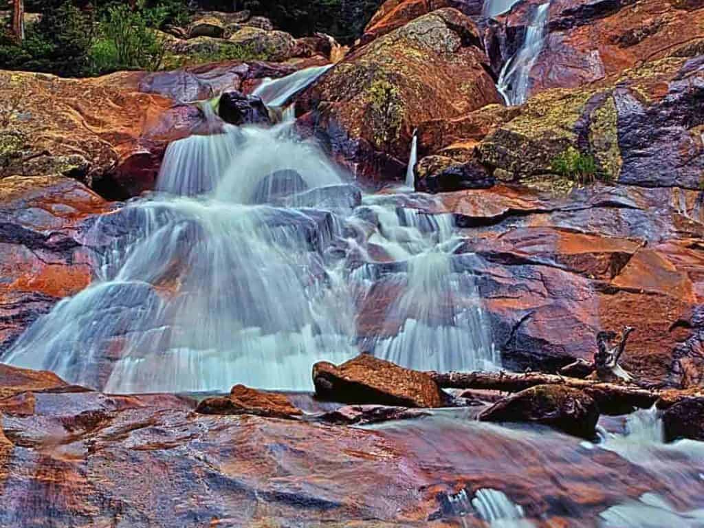 Tonahutu Creek fans out and tumbles over Granite Falls on the west side of Rocky Mountain National Park, Colorado.