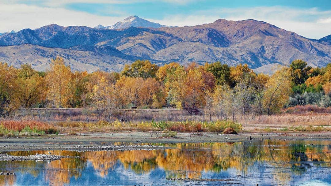 Coloful autumn trees reflected in the still water of Sawhill Ponds near Boulder, Colorado with Mt. Evans and the Front Range mountains providing a dramatic backdrop.