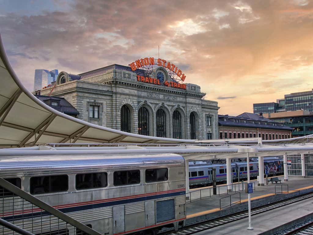 Union Station in Denver, Colorado at sunrise.