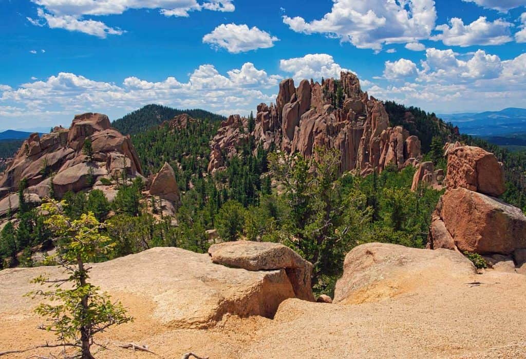 A view of the "The Crags", an interesting group of steep spires, pinnacles, and rock formations on the northwest slope of Pikes Peak, Colorado.