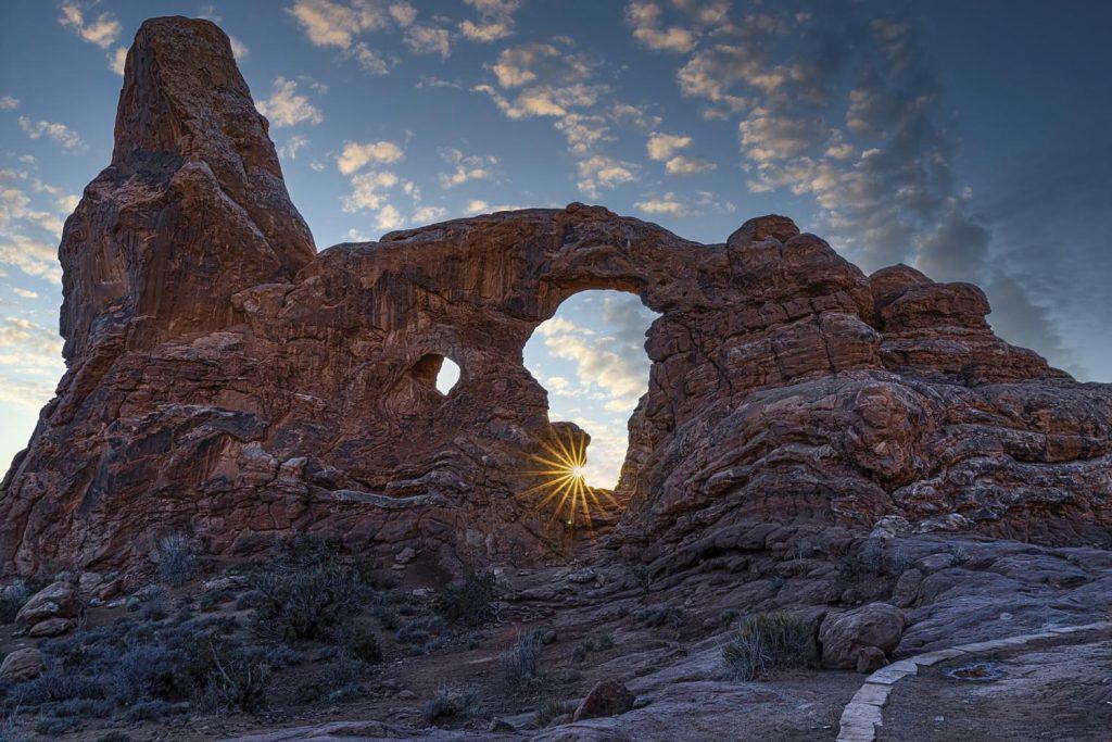 Sunburst through Turret Arch at Arches National Park