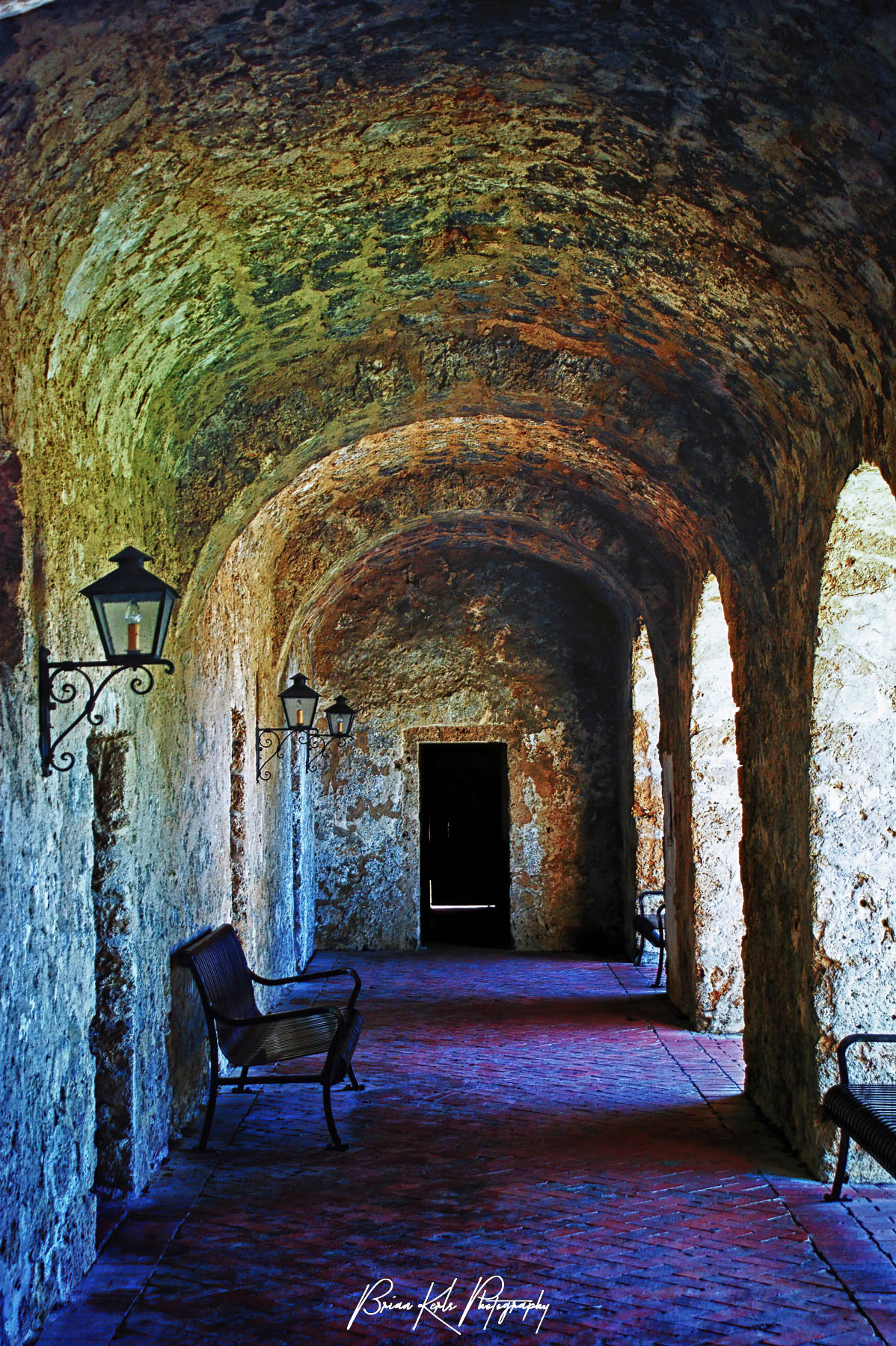 Ancient cloister of Mission Concepcion in San Antonio, Texas. Dedicated in 1755, Mission Concepcion is the oldest, unrestored stone church in America. Designated a National Historic Landmark in 1970 the Mission appears today much as it did over 200 hundred years ago. I loved the texture, patterns, and repeating shapes in this cloister.