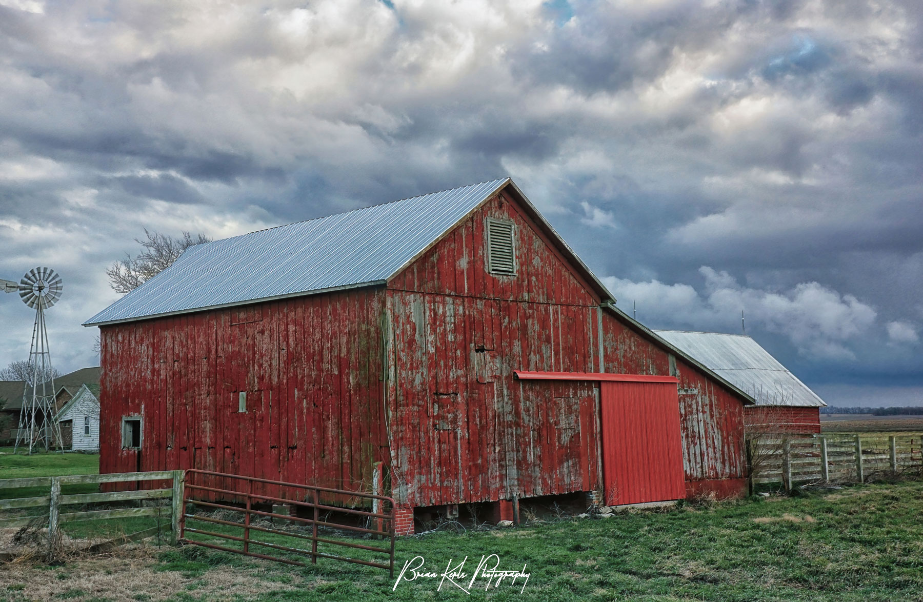 Old red barn on a stormy winter afternoon in rural Central Illinois west of Monticello.