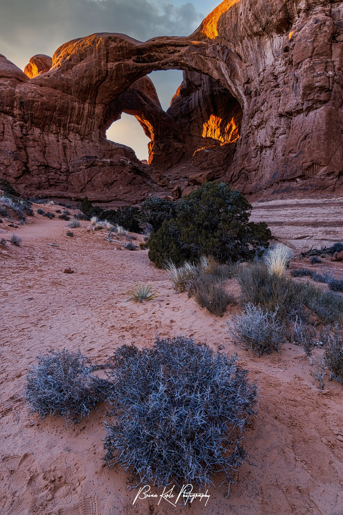 Double Arch glows in the fading light of a winter sunset. This impressive pair of close-set arches is located in The Windows section of Arches National Park in Utah. At 112' high and 144' wide the larger of the two arches is the tallest and second longest arch in the park. The smaller arch is 67' wide.