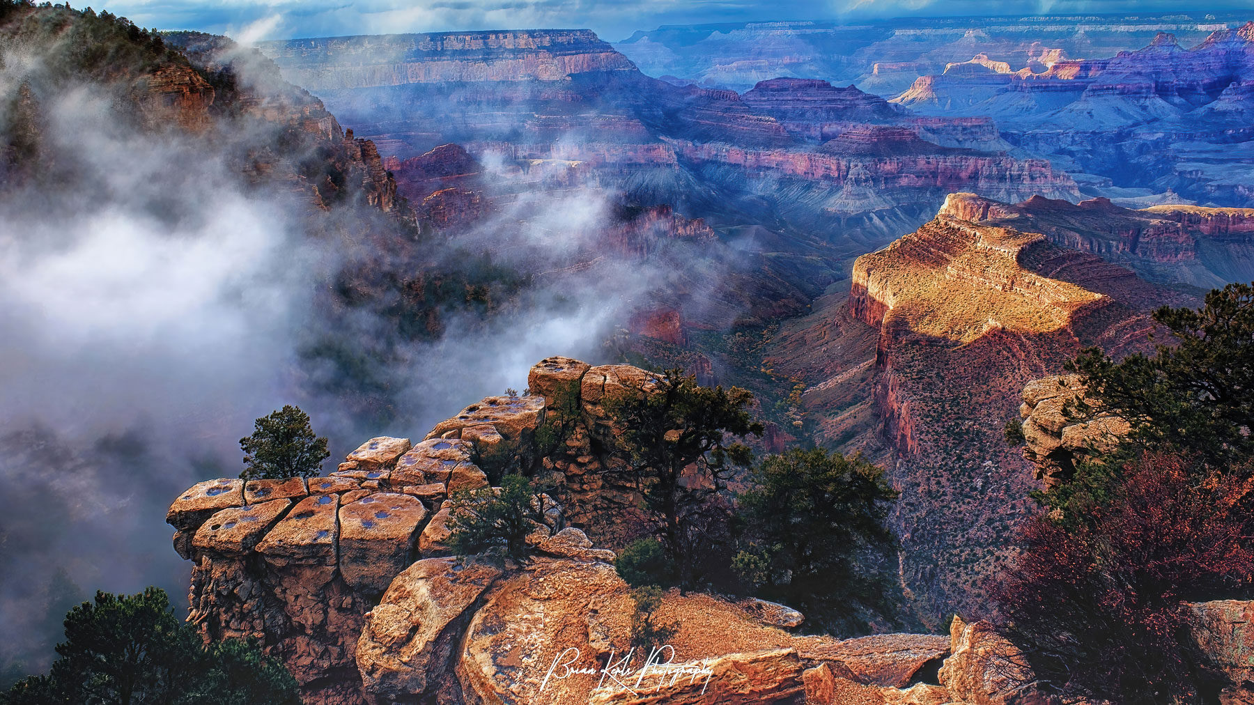 Sweeping view of the Grand Canyon from the South Rim as a storm is moving in.