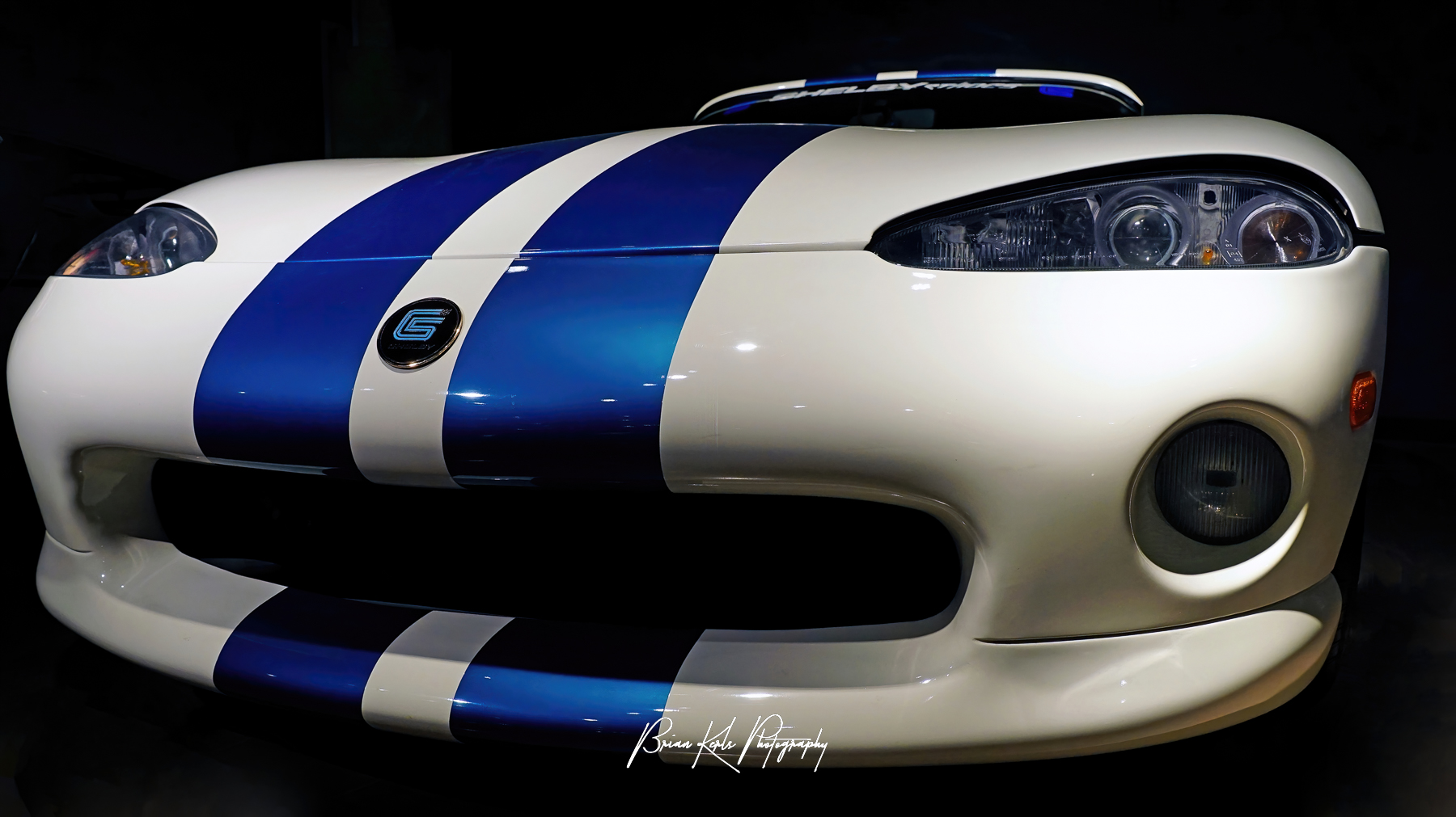 Up close, low angle view of a rare Wimbolden White and Guardsman Blue, Carrol Shelby limited edition Dodge Viper RT/10 CS.