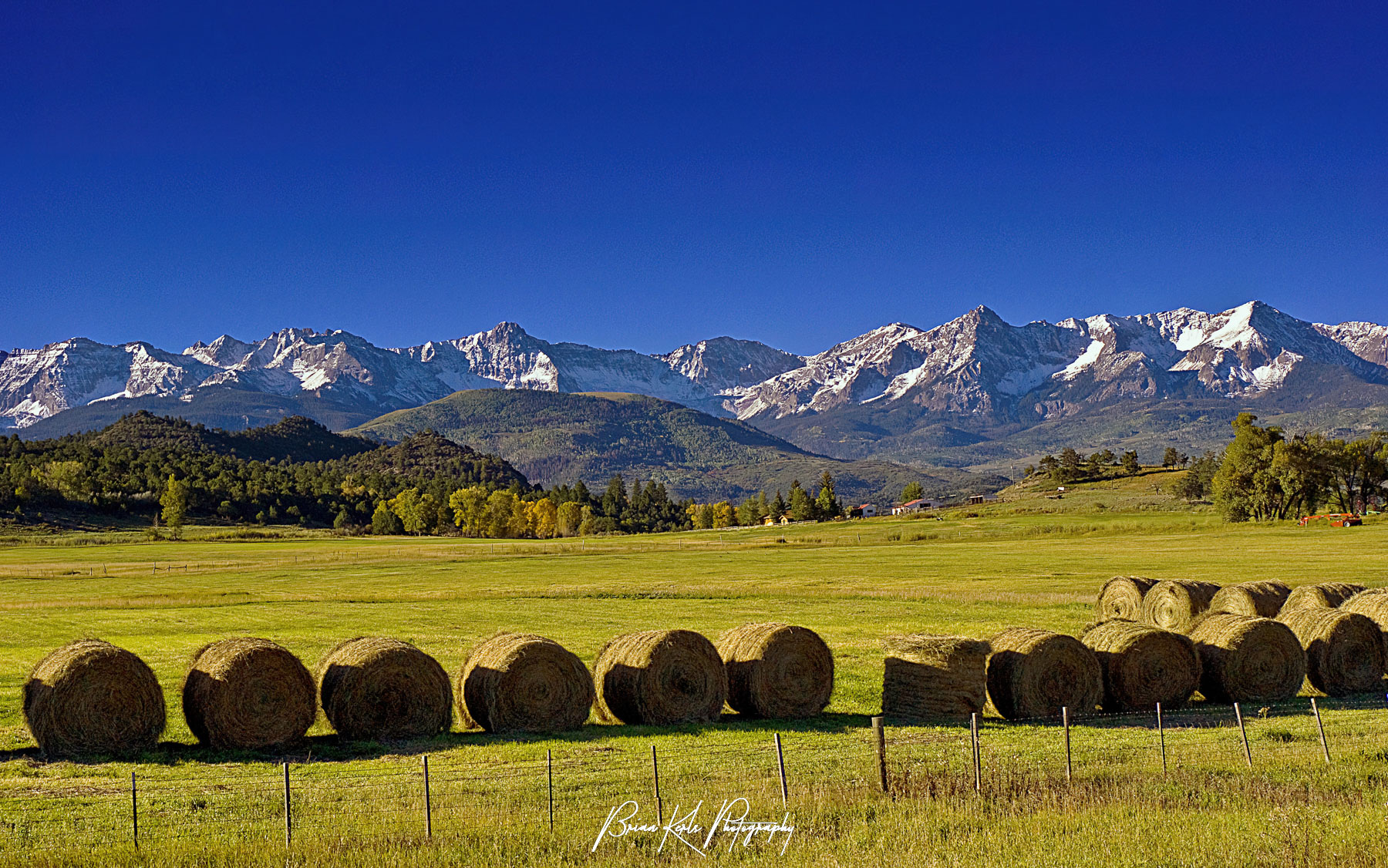 The jagged peaks of the San Juans provide a spectacular backdrop for the autumn harvest of this hayfield along Hwy 62 near the Dallas Divide west of Ridgway, Colorado.