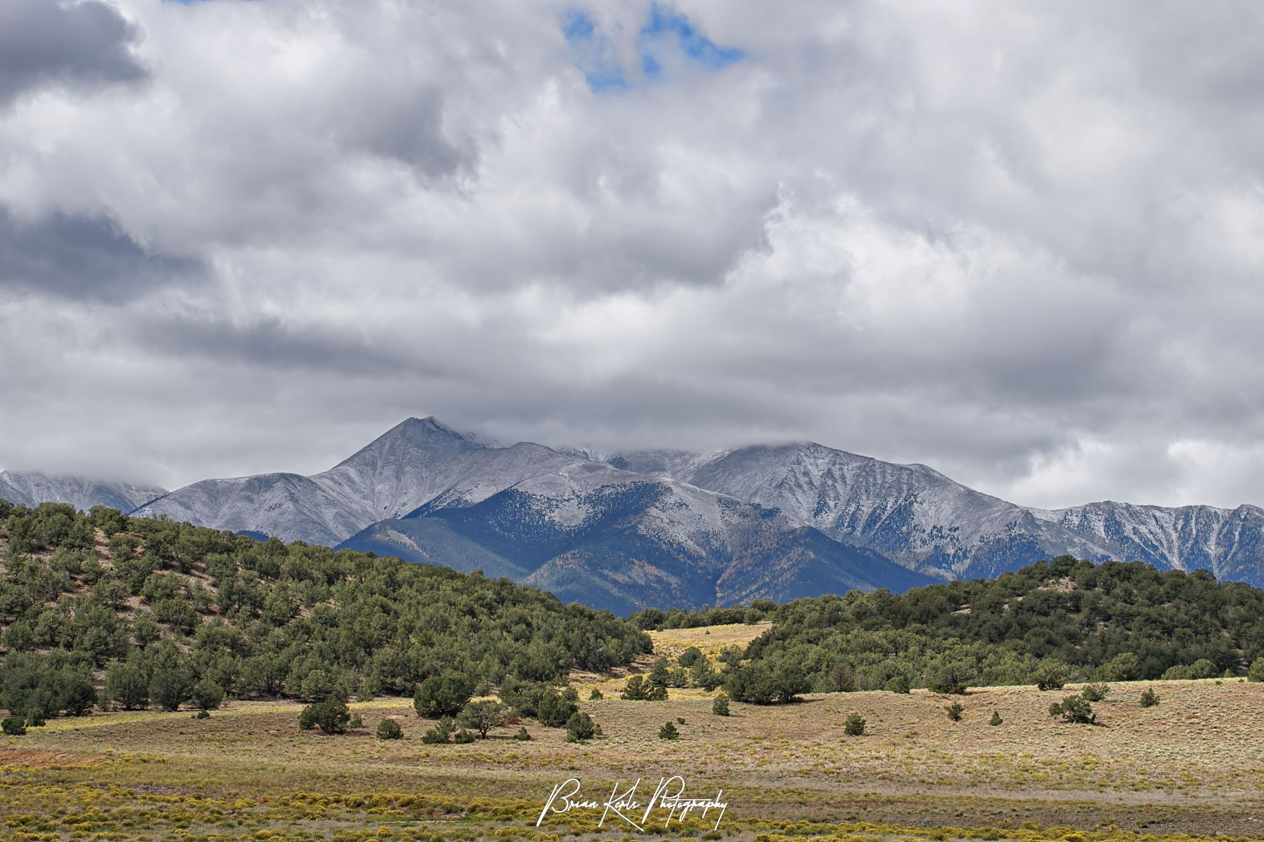 Autumn storm clouds moving in over the summit of 14,197 ' Mt. Princeton, part of the Collegiate Peaks in the Sawatch Range of central Colorado.