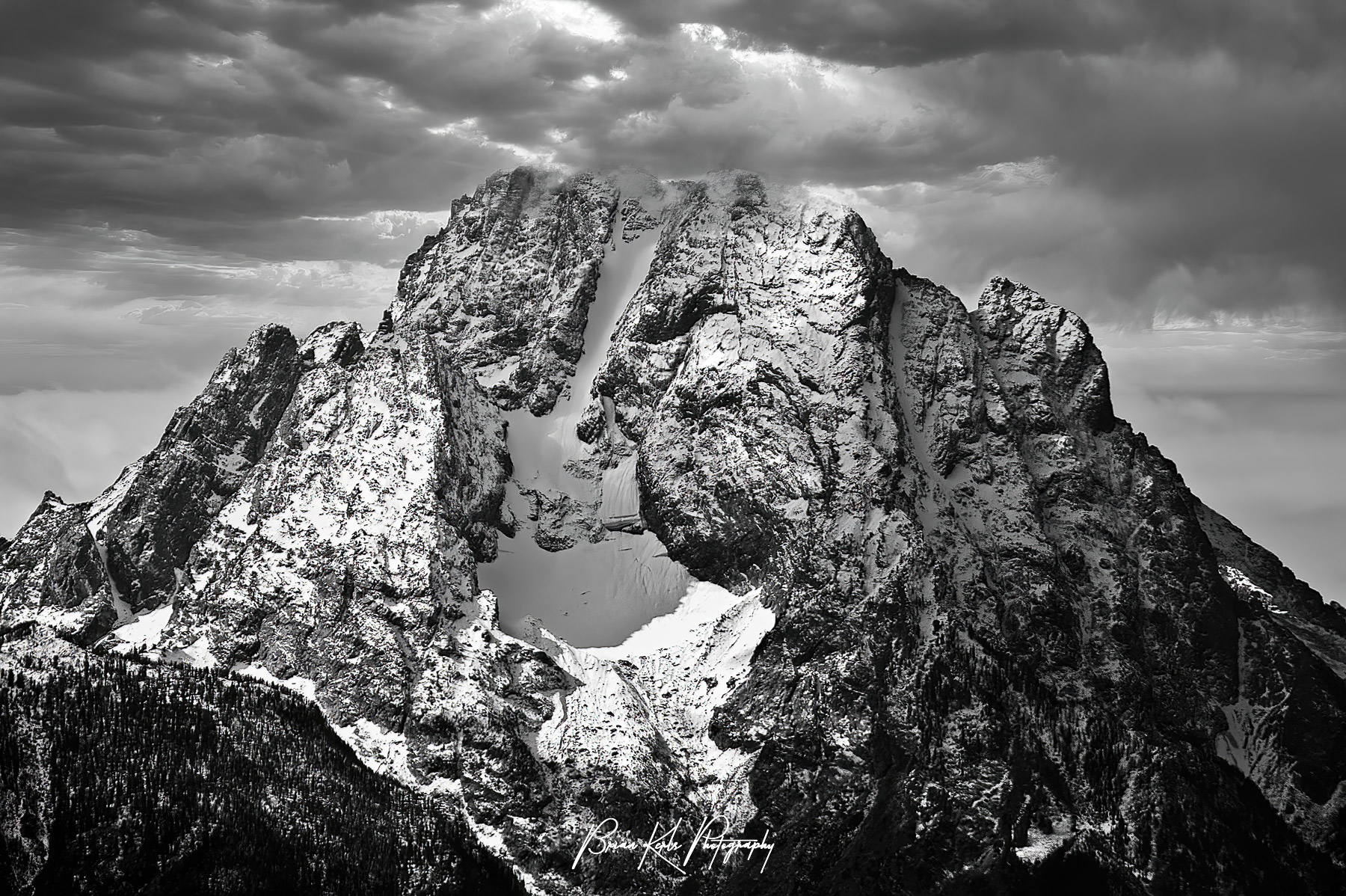 At 12,610 feet, Mt. Moran dominates the northern section of the Teton Range, rising 6,000 feet above Jackson Lake. Several active glaciers exist on the mountain, including the Skillet Glacier plainly visible on the monolithic east face.