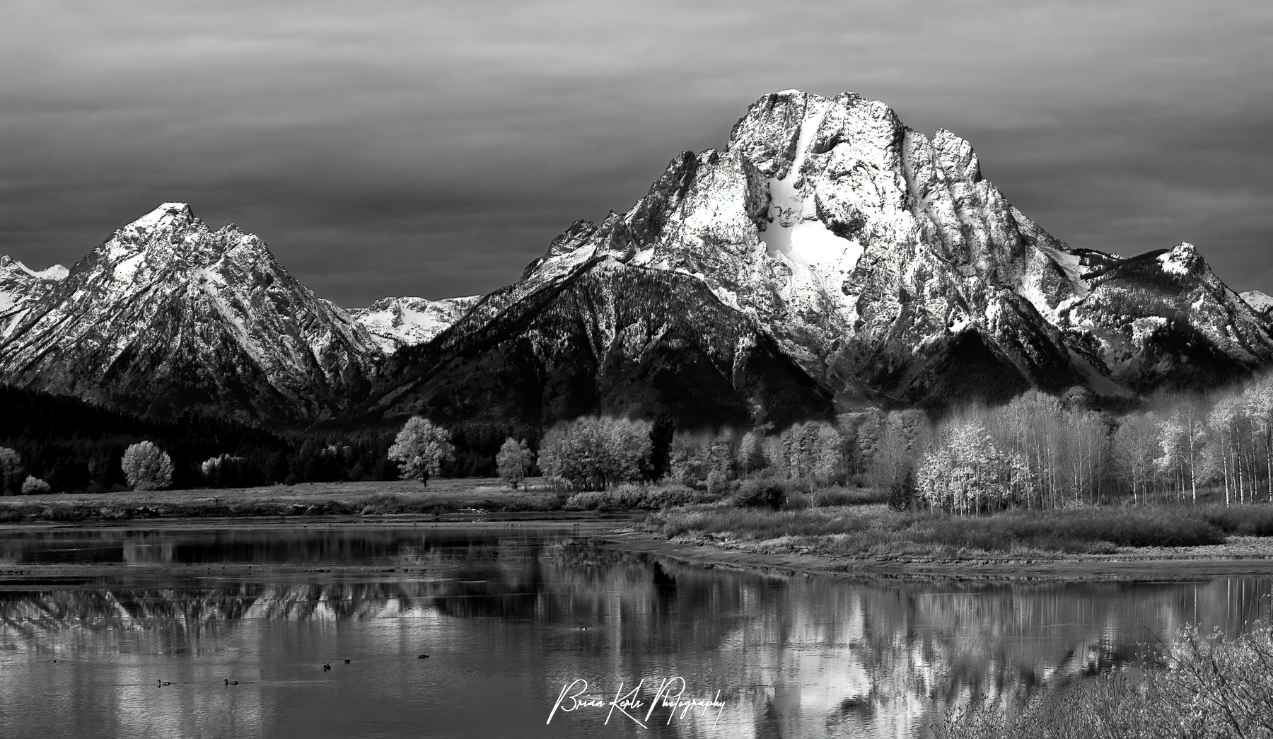 Black and white version of Mt. Moran and the fall colors along the Snake River at Oxbow Bend in Grand Teton National Park, Wyoming on an overcast afternoon.