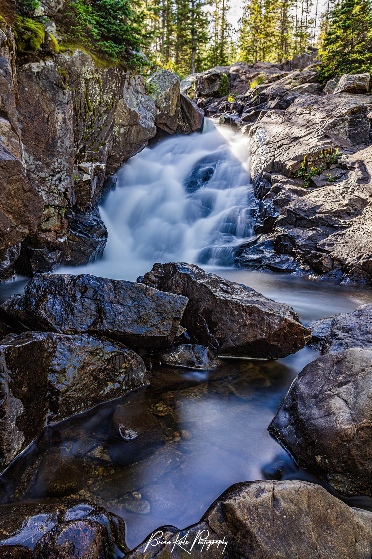 A small, but scenic, waterfall along the South Fork of Middle Boulder Creek as it makes its way down from 11,344' King Lake in the Indian Peaks Wilderness of Colorado.