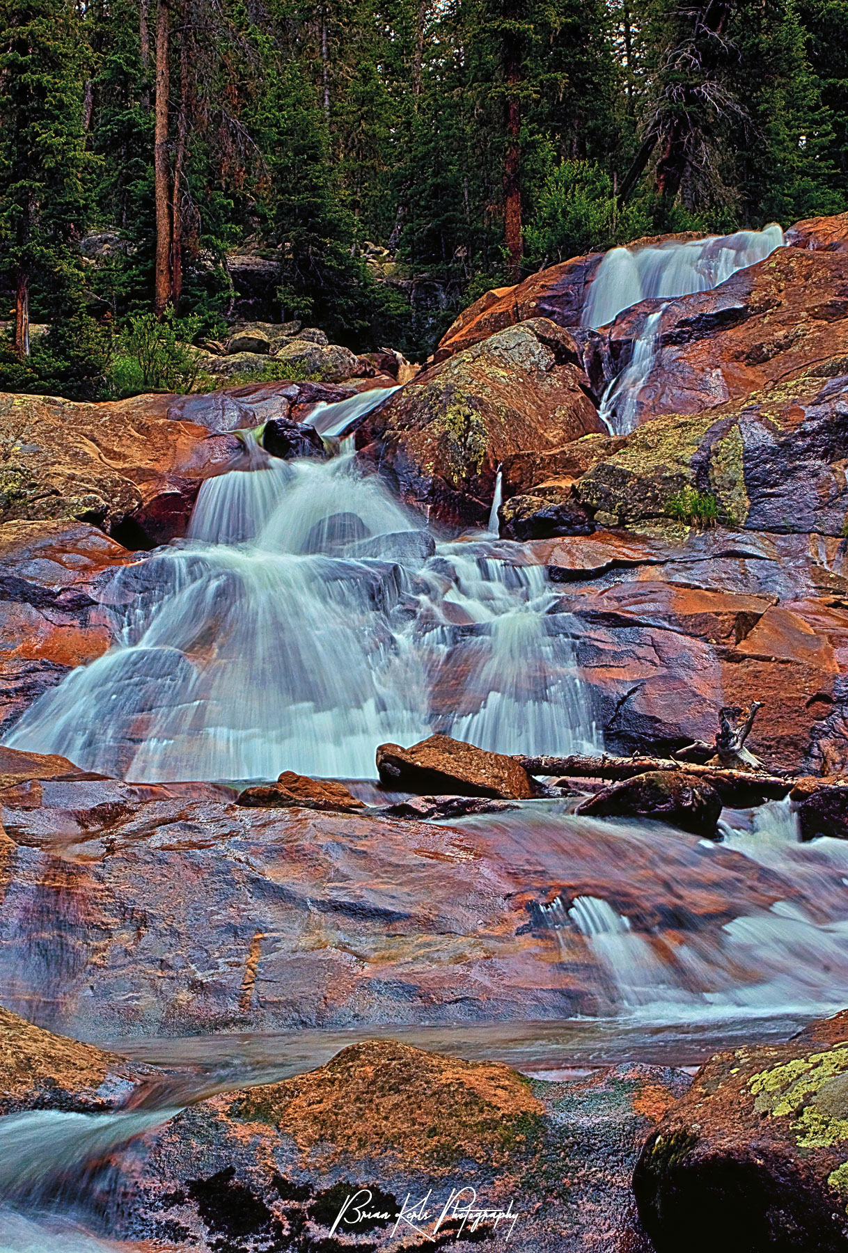 Tonahutu Creek fans out and tumbles over Granite Falls on the west side of Rocky Mountain National Park, Colorado.